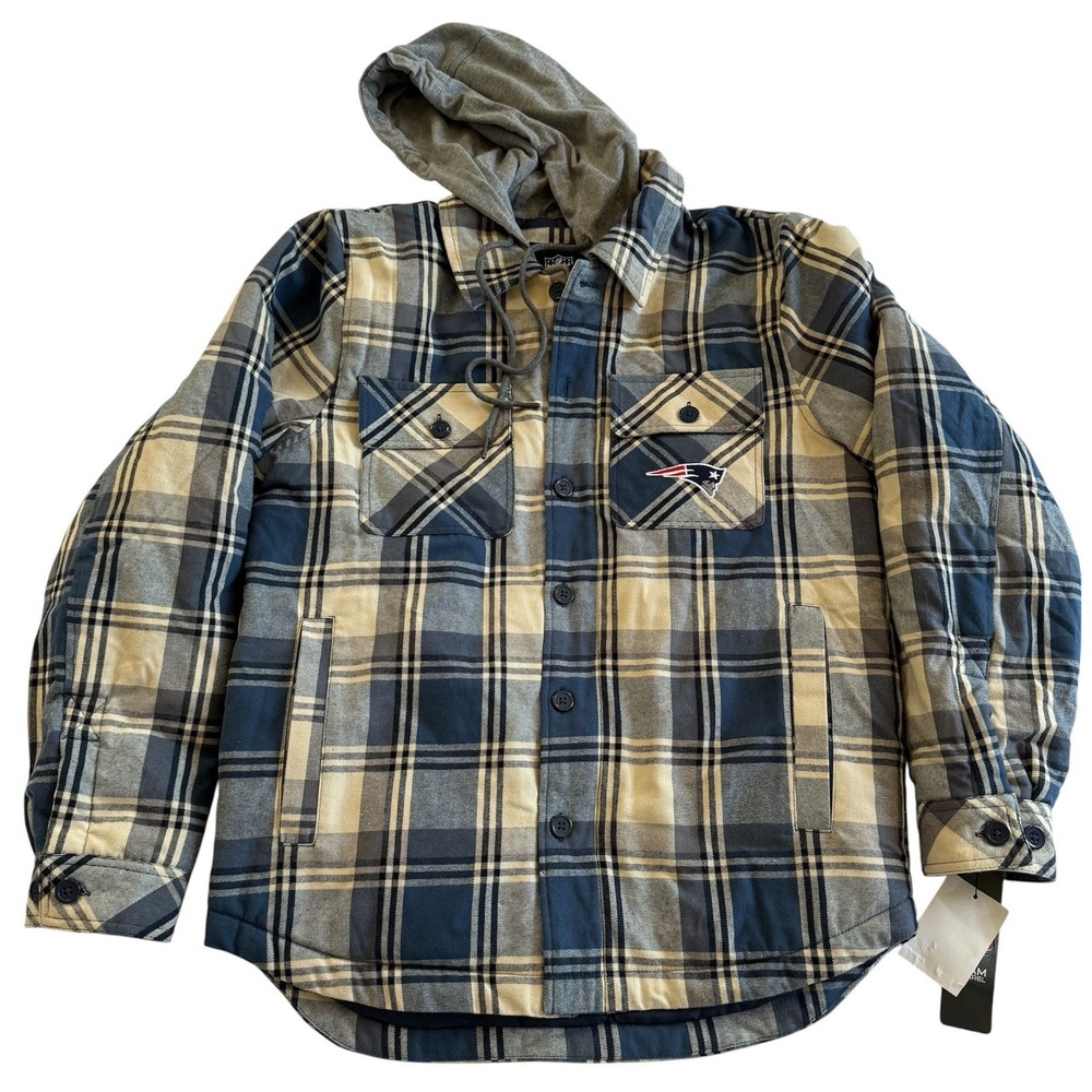 NFL New England Patriots NWT men's Quilted Hooded Jacket Blue Plaid Sz Small